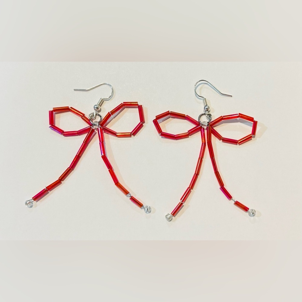 Handmade Red Bow Drop Earrings - Picture 4 of 6
